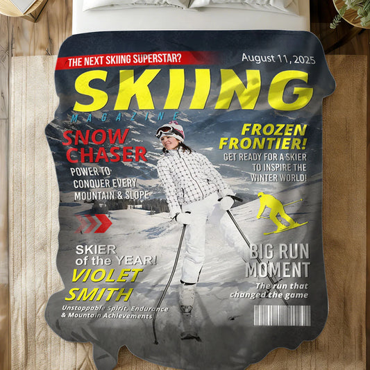 Personalized skiing blanket with a custom faux magazine cover design featuring a skier on snowy slopes