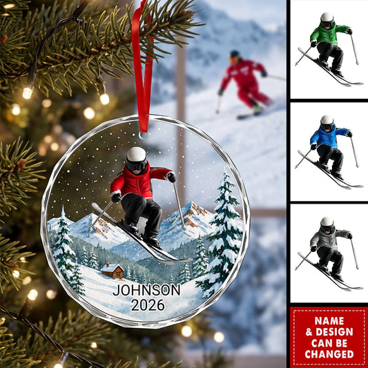 Custom Skier Winter Mountain Scene Glass Ornament - Personalized Christmas Gift for Family