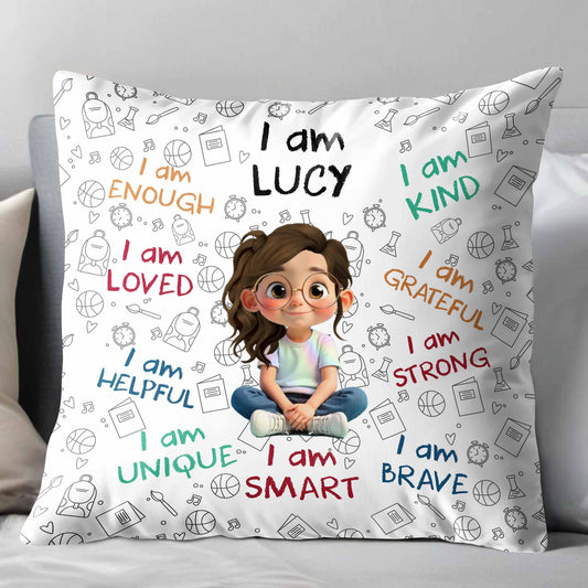 I Am Enough Loved Brave Custom Kids Affirmation Pillow - Personalized Gift for Girls