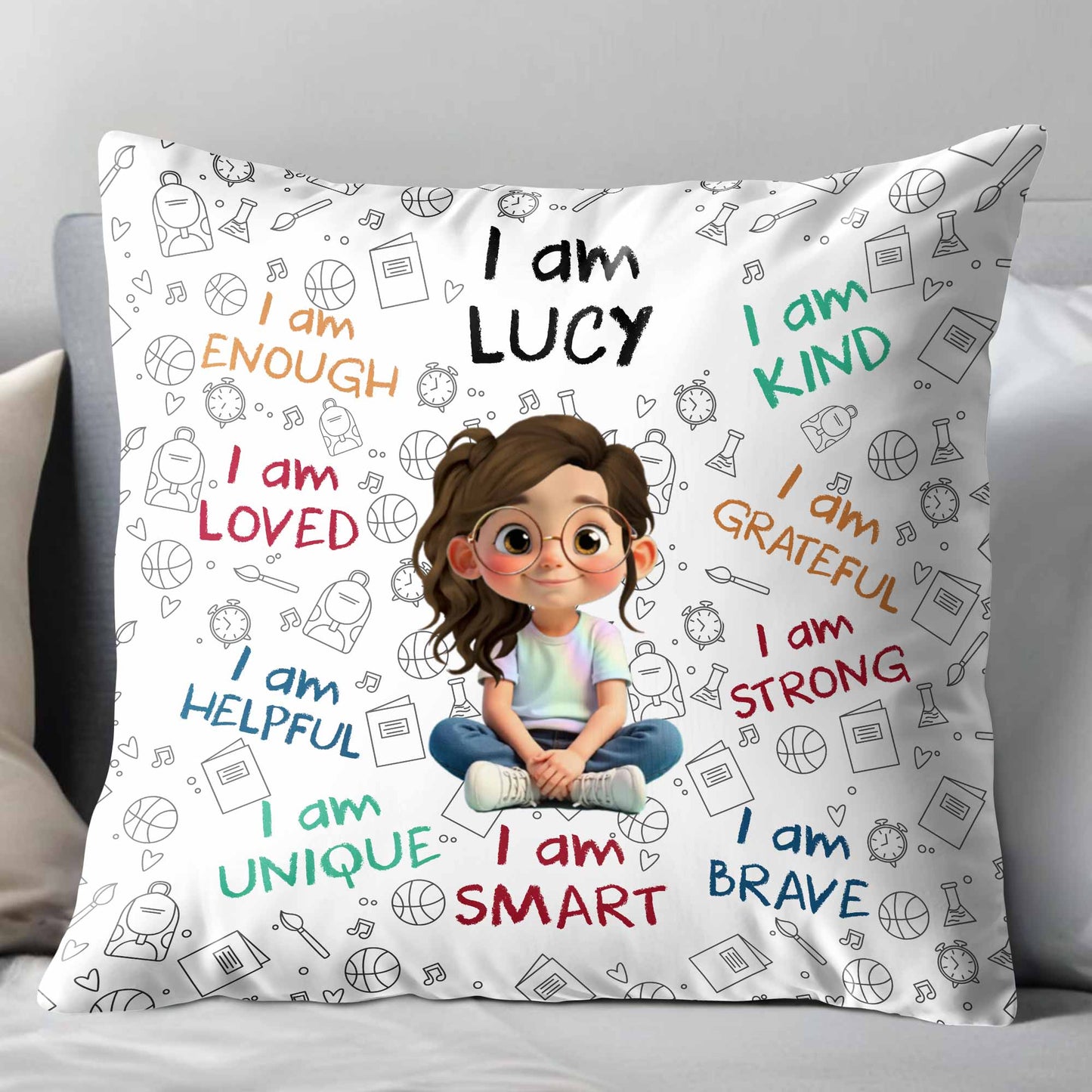 I Am Enough Loved Brave Custom Kids Affirmation Pillow - Personalized Gift for Girls