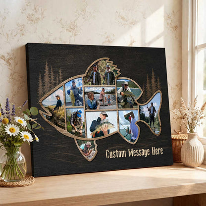 "Dad's Fishing Legacy" Personalized Fish Shape Photo Canvas / Poster - Custom Keepsake Gift for Cabin Decor