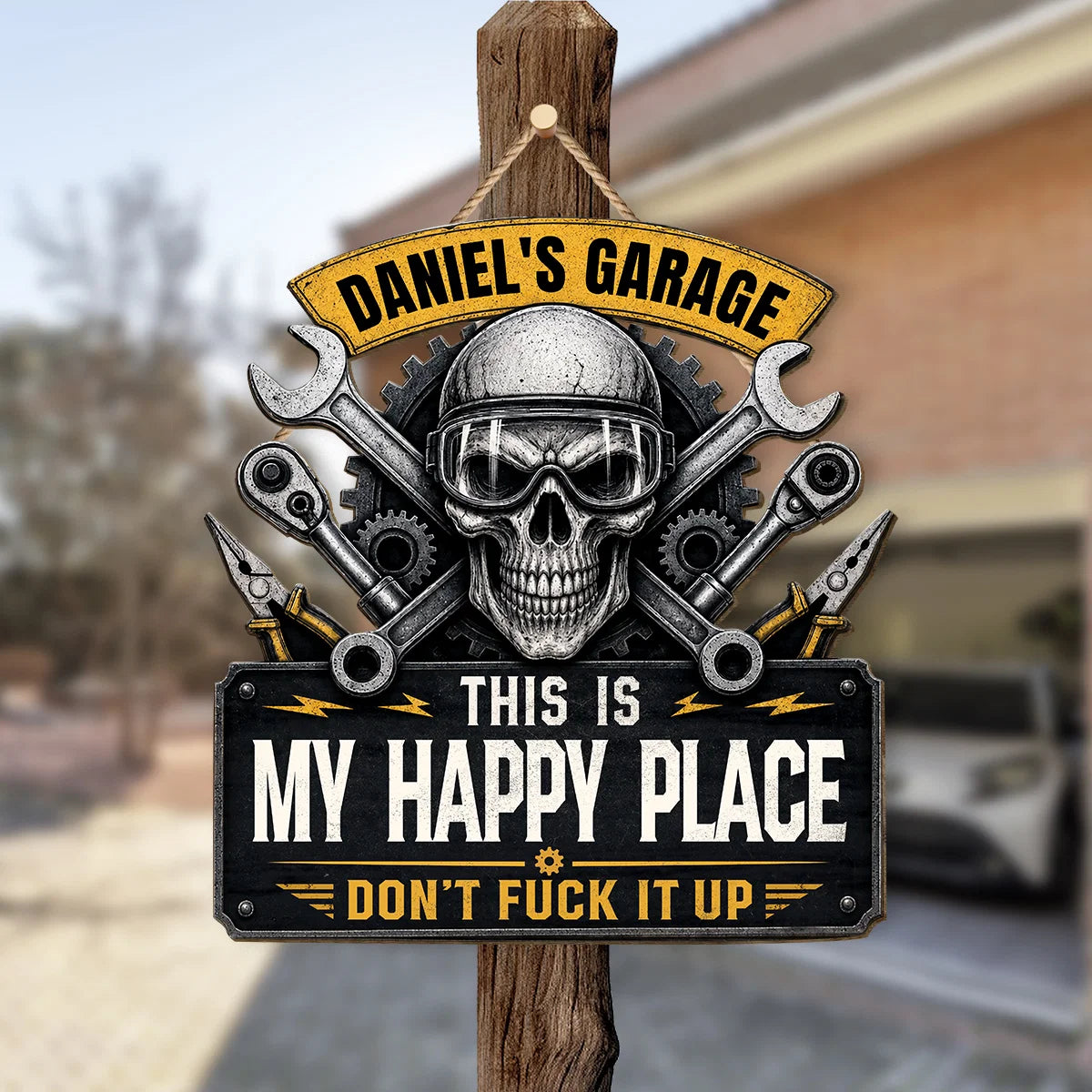 "This Is My Happy Place" Personalized Garage Wood Sign - Custom Skull Wall Decor for Him