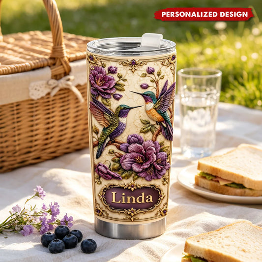 Floral Garden Hummingbirds Personalized Tumbler - Custom Travel Cup for Mom