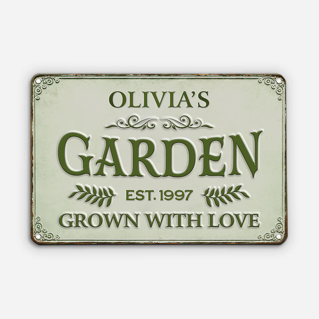 Personalized garden metal sign featuring custom name and Grown with Love text for outdoor yard decor