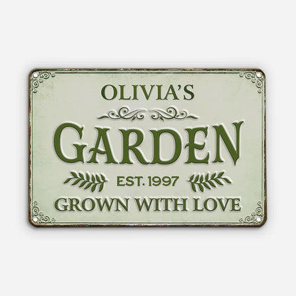 Personalized garden metal sign featuring custom name and Grown with Love text for outdoor yard decor