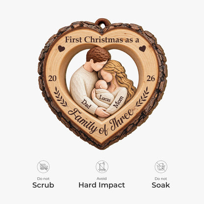 First Christmas as a Family of Three - Personalized Wooden Ornament for New Parents