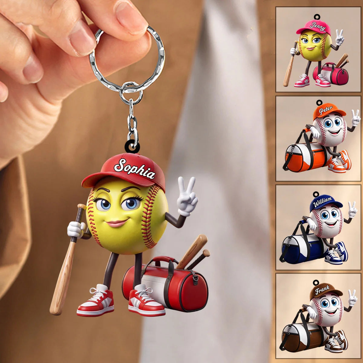 Cute V-Sign Mascot Personalized Baseball Acrylic Keychain - Custom Name Softball Bag Tag Gift