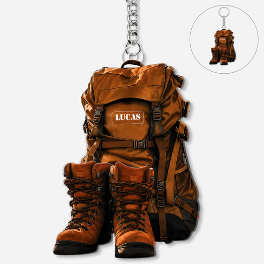 Custom Hiking Backpack & Boots Acrylic Keychain - Personalized Gift for Outdoor Lovers