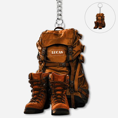 Custom Hiking Backpack & Boots Acrylic Keychain - Personalized Gift for Outdoor Lovers
