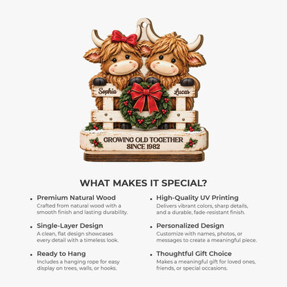 Growing Old Together Highland Cow Couple Wooden Ornament - Personalized Christmas Keepsake Gift for Couples