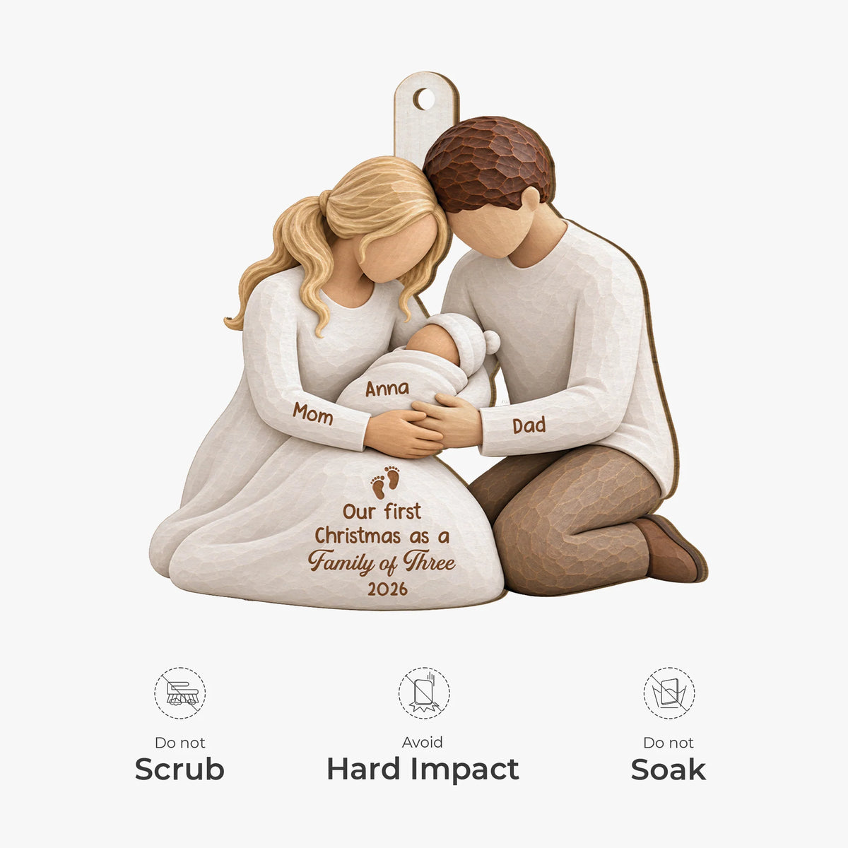 Our First Christmas as a Family of Three - Personalized Wooden Ornament for New Parents