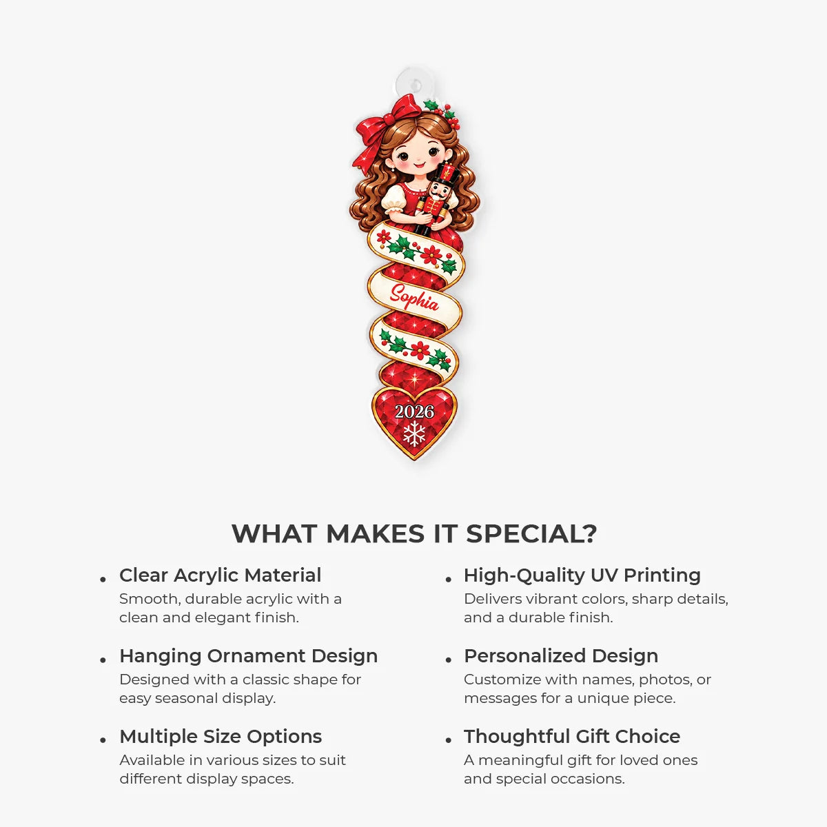 Personalized Nutcracker Character Acrylic Ornament - Custom Name Festive Christmas Tree Keepsake Gift for Kids