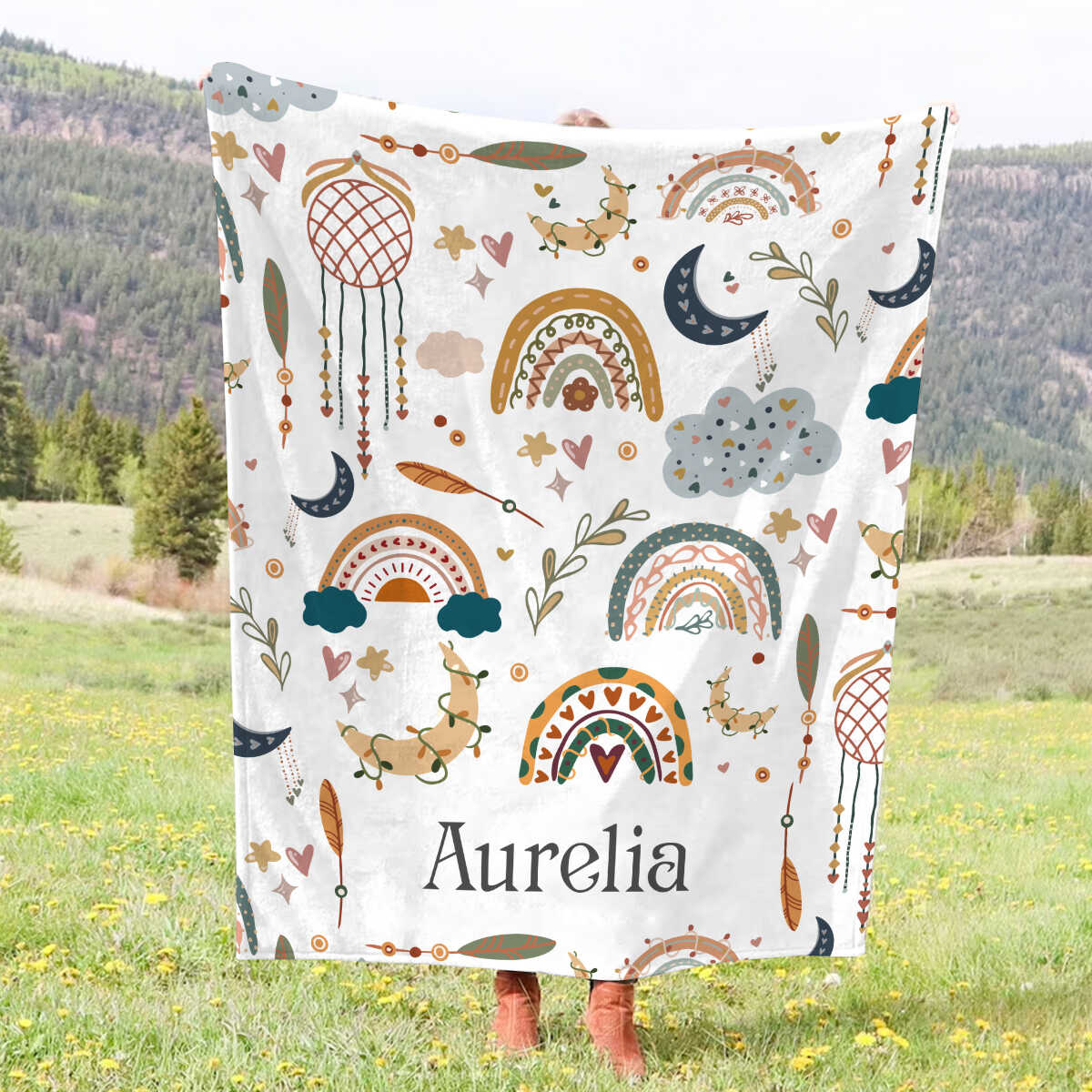 Custom Name Boho Rainbow Baby Blanket – Personalized Nursery Throw Gift for Newborn