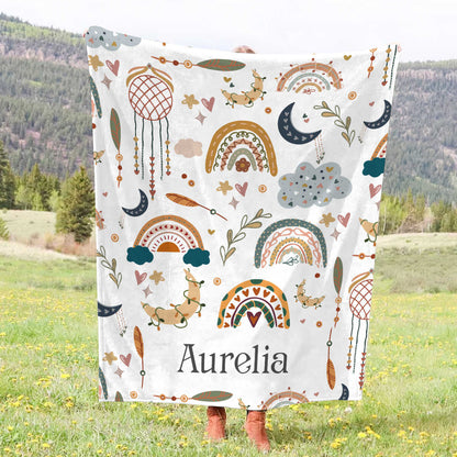 Custom Name Boho Rainbow Baby Blanket – Personalized Nursery Throw Gift for Newborn