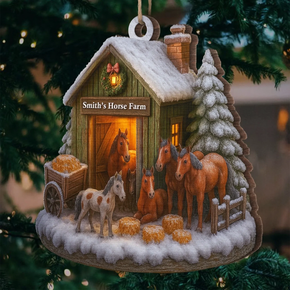 Christmas At The Horse Farm Personalized Wood Ornament - Family Holiday Keepsake Gift