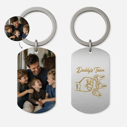 Daddy's Team Custom Photo Keychain - Personalized Fist Bump Aluminum Gift for Dad & Grandpa