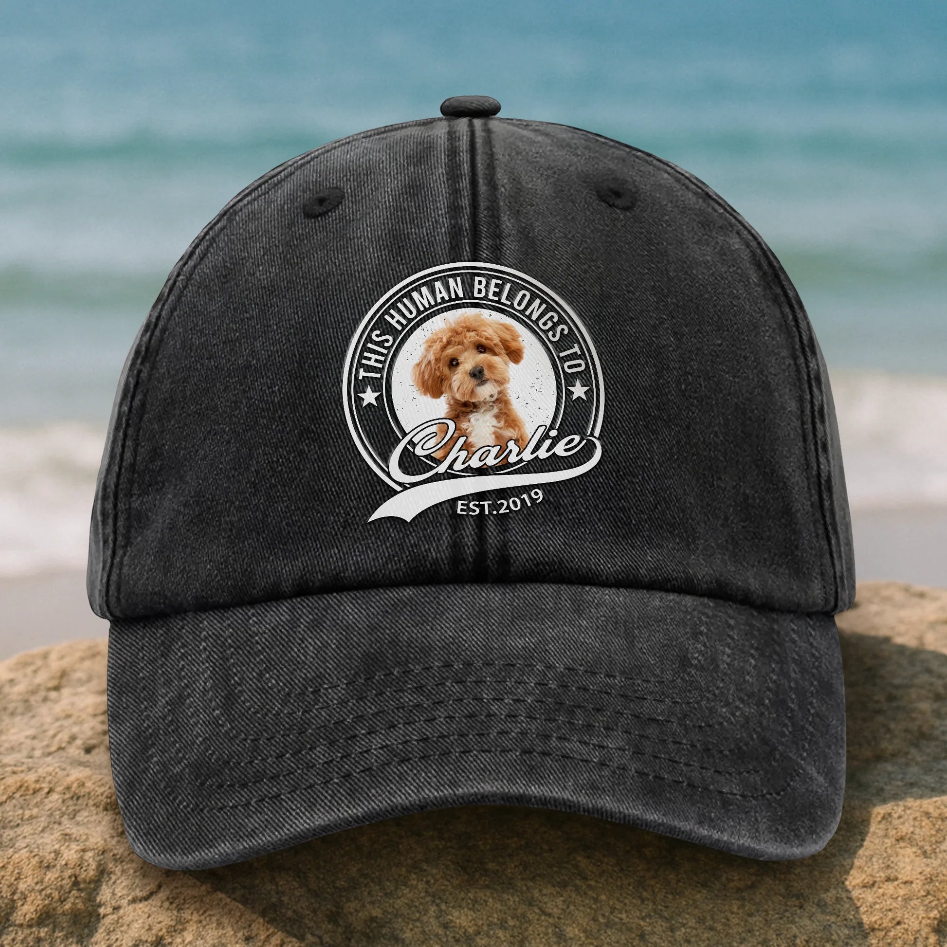 Human Belongs To Pet - Custom Photo Washed Denim Cap