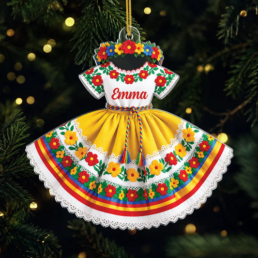 Personalized Hispanic Traditional Floral Dress Acrylic Ornament - Custom Name Cultural Christmas Keepsake Gift for Her