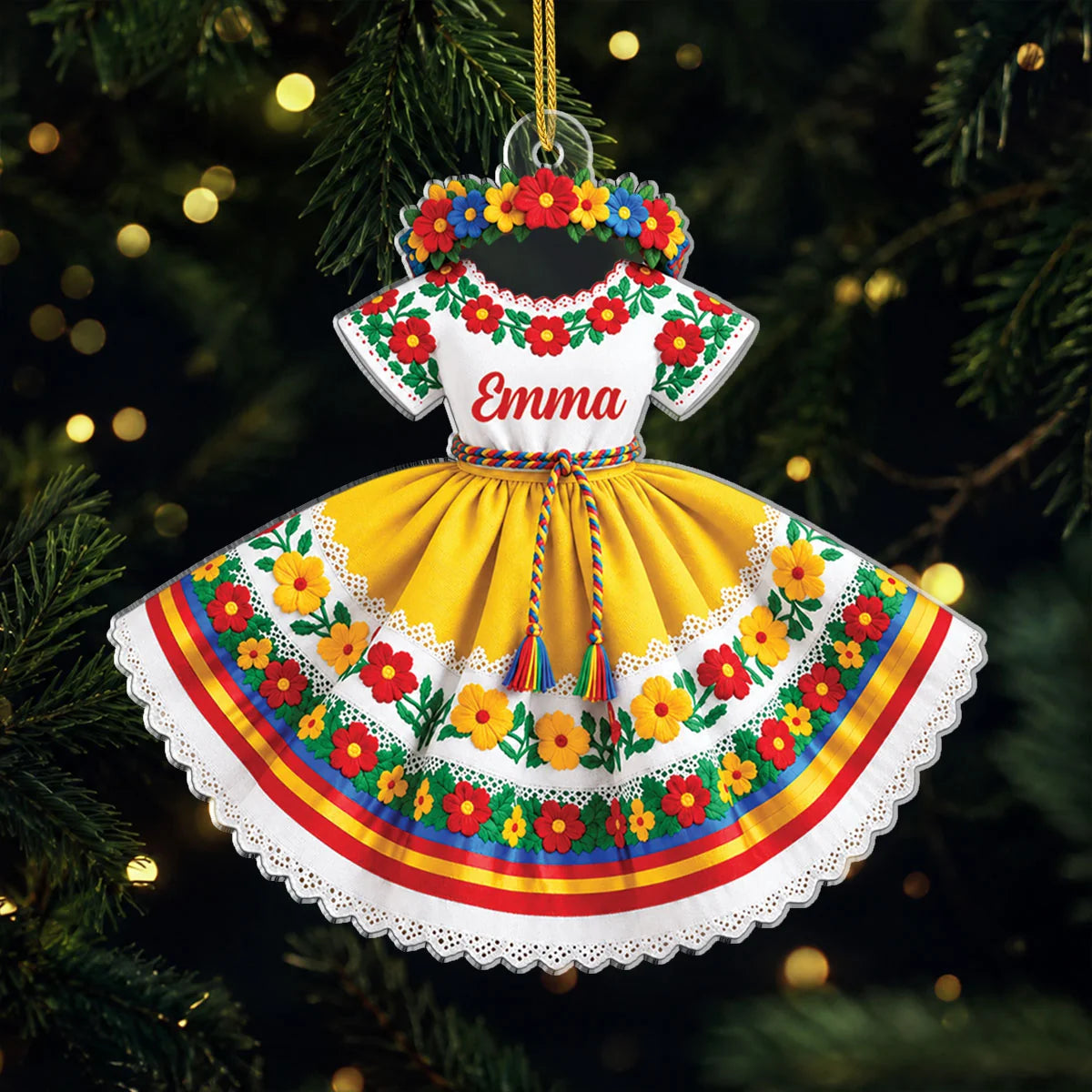 Personalized Hispanic Traditional Floral Dress Acrylic Ornament - Custom Name Cultural Christmas Keepsake Gift for Her