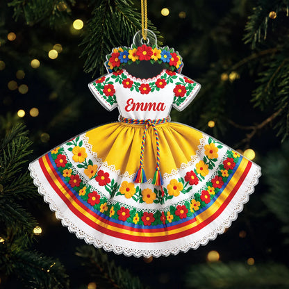 Personalized Hispanic Traditional Floral Dress Acrylic Ornament - Custom Name Cultural Christmas Keepsake Gift for Her