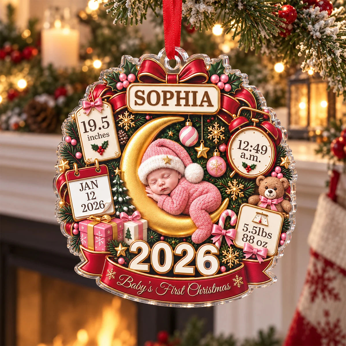 "Baby's First Christmas" Newborn Birth Stats Personalized Acrylic Ornament - Custom Gift for New Parents