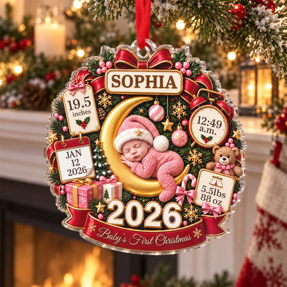 "Baby's First Christmas" Newborn Birth Stats Personalized Acrylic Ornament - Custom Gift for New Parents