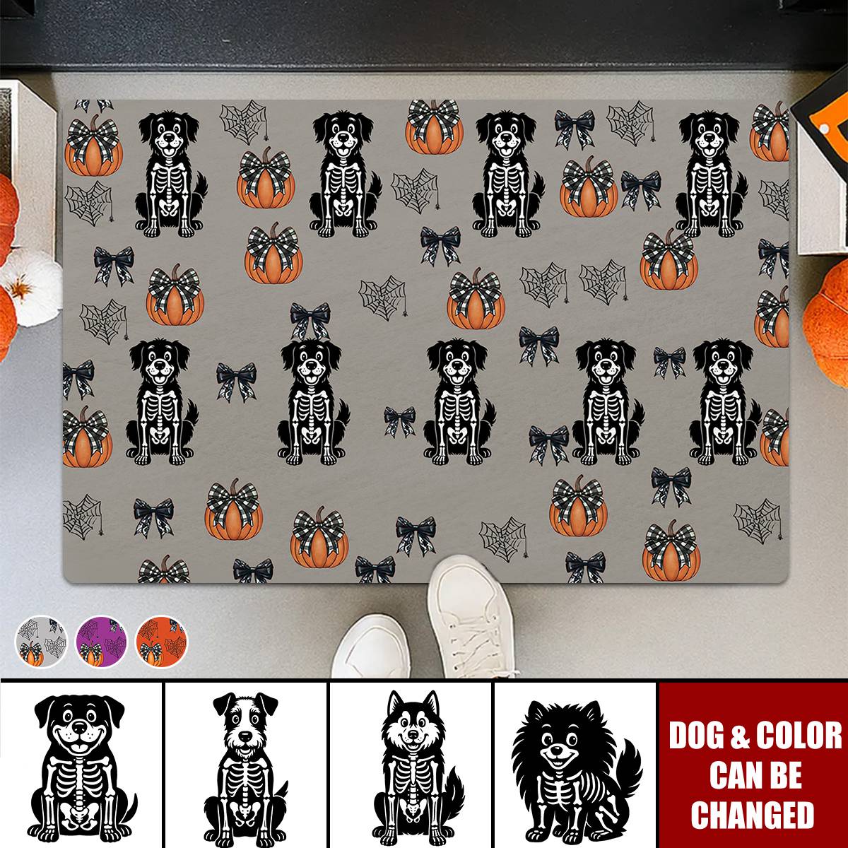 Custom Halloween Dog Doormat - Spooky Skeleton Pup & Coquette Bow Welcome Mat for Dog Lovers