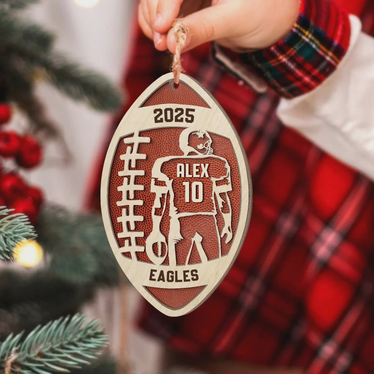 Custom Football Player Name & Number Wood Ornament - Personalized Gift for Youth Athletes & Fans
