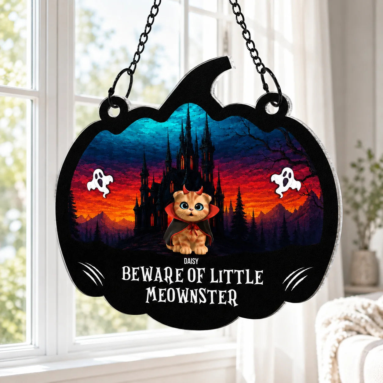 Beware Of Little Meownsters Personalized Suncatcher Ornament - Custom Cat Lovers Halloween Decor