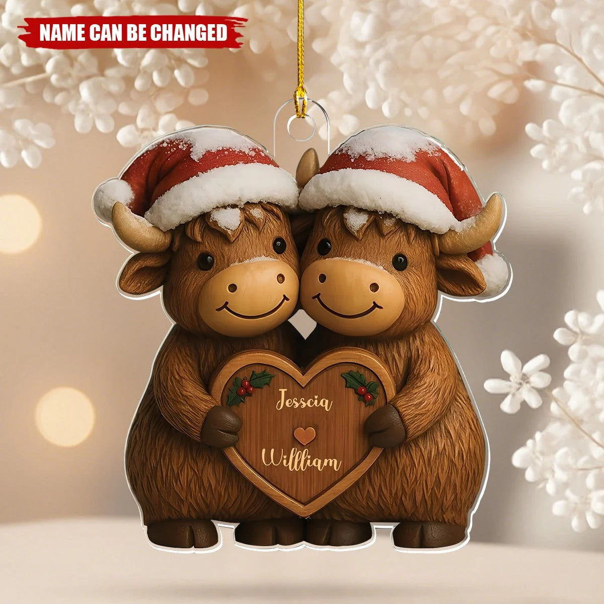 Personalized Couple Cow Christmas Acrylic Ornament - Custom Highland Cow Name Keepsake Gift for Couples