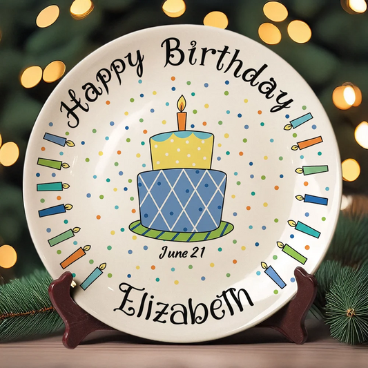 Happy Birthday Cake & Candles Personalized Birthday Ceramic Plate - Custom Name Keepsake Display Gift