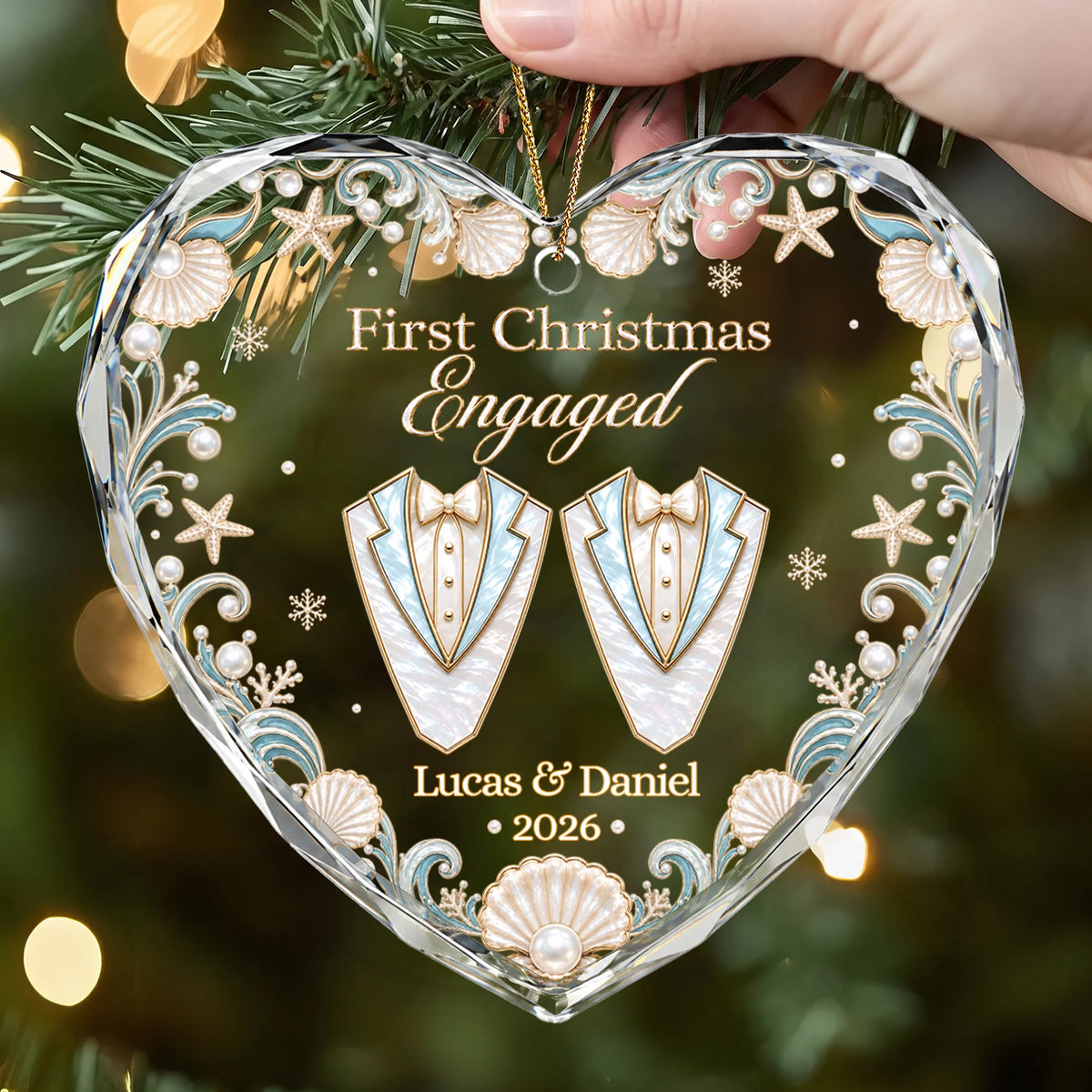 "First Christmas As Mr And Mrs" Personalized Glass Heart Ornament - Custom Couple Gift