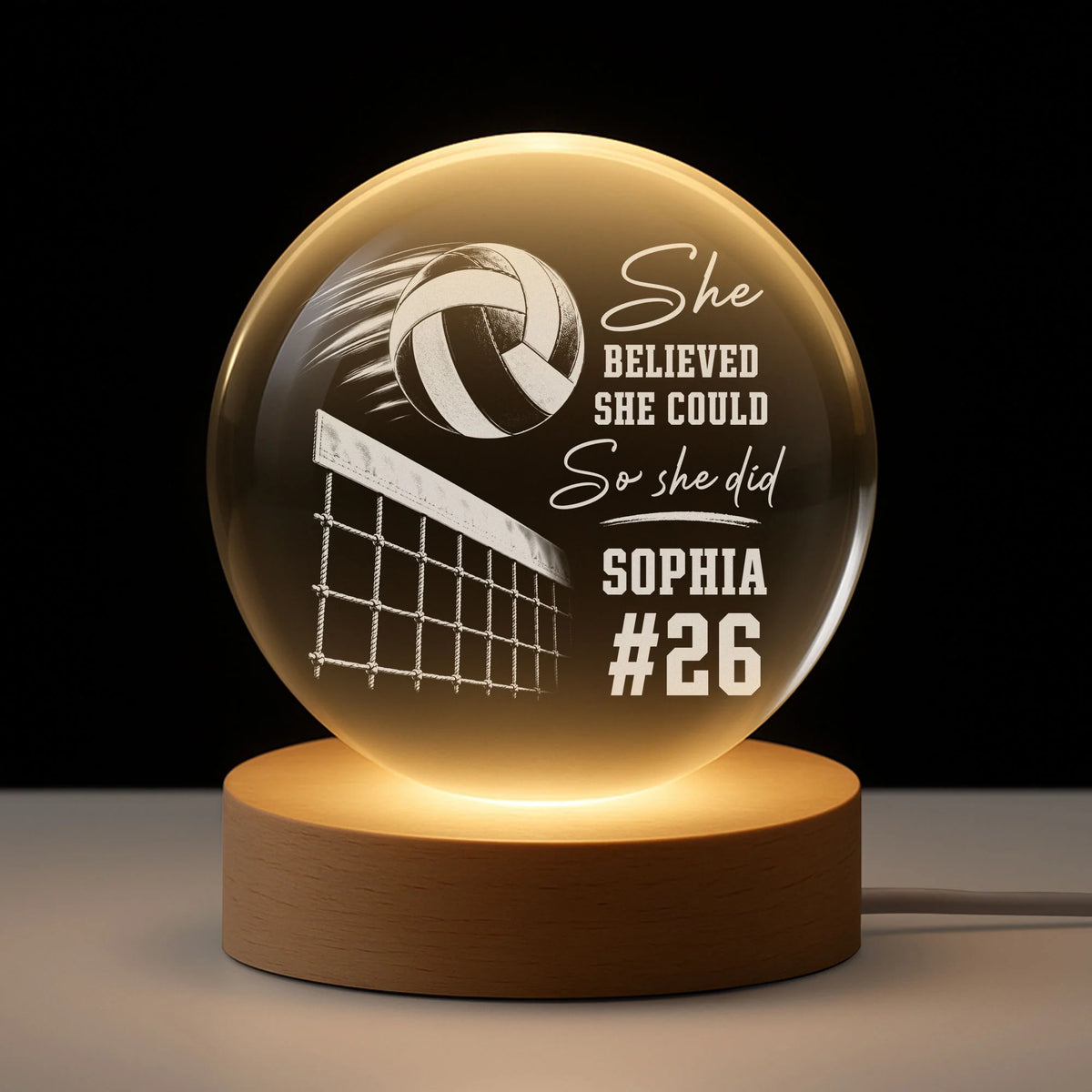 "She Believed She Could" Volleyball Crystal Ball Lamp - Personalized Sports Gifts for Daughter