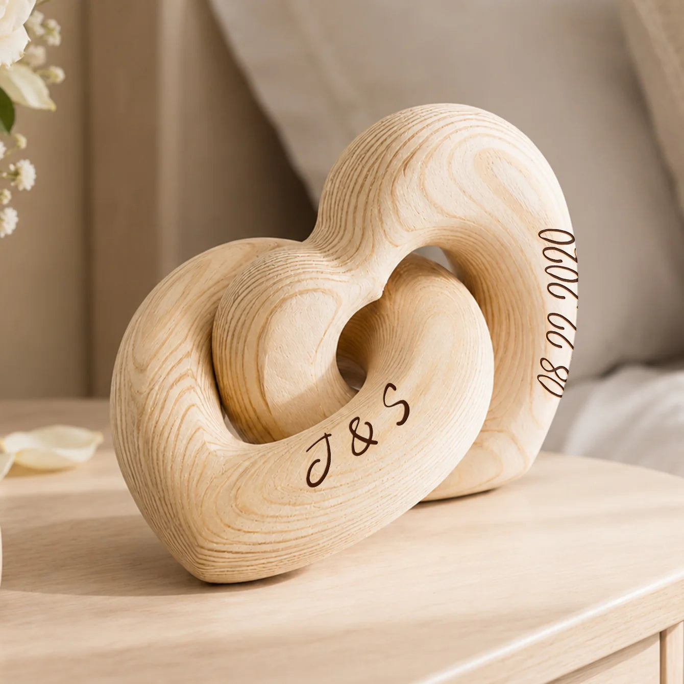 Personalized wooden heart sculpture engraved with custom initials and anniversary date - romantic gift for couples image 6