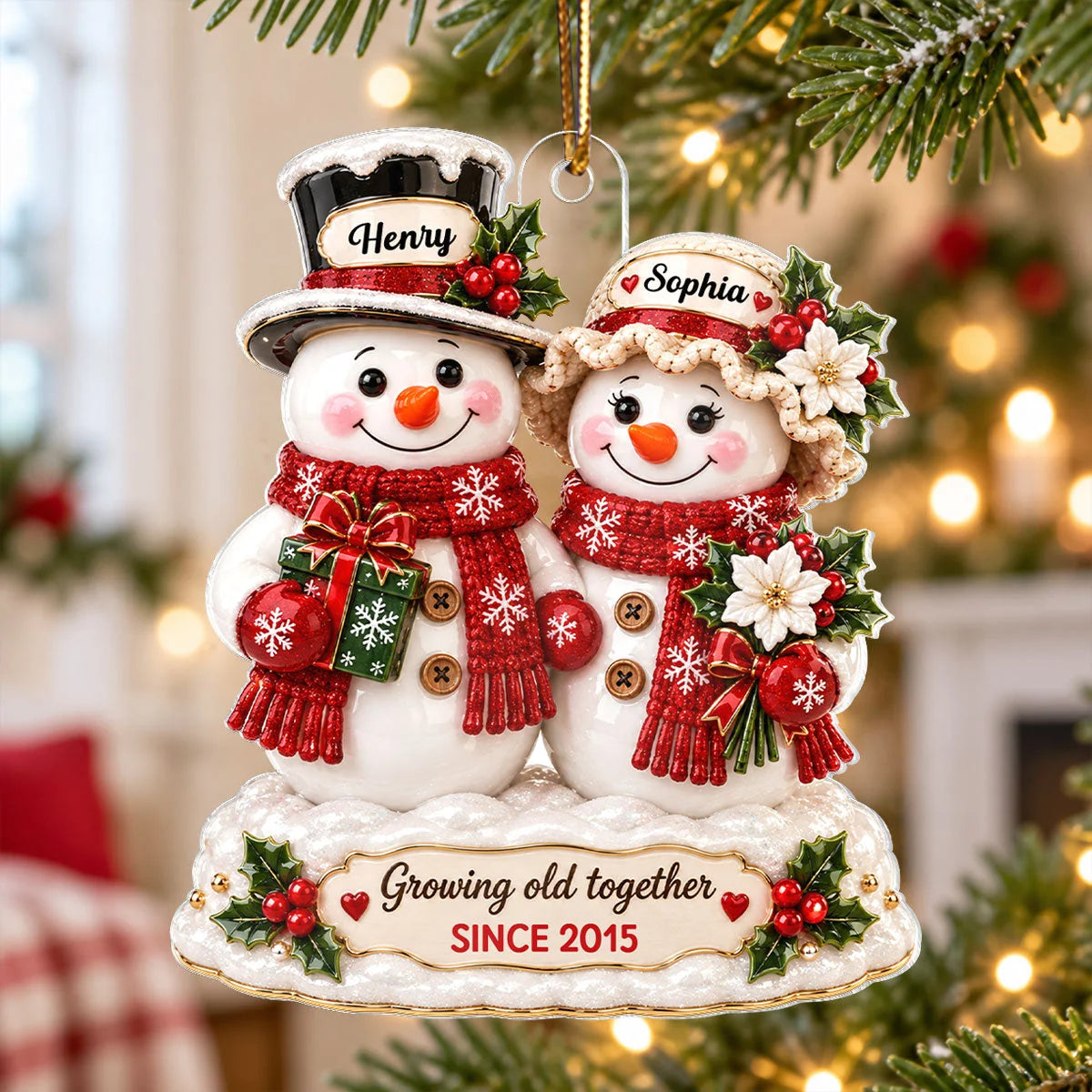 "Growing Old Together" Snowman Couple Personalized Acrylic Ornament - Christmas Gift for Couples