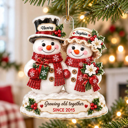 "Growing Old Together" Snowman Couple Personalized Acrylic Ornament - Christmas Gift for Couples