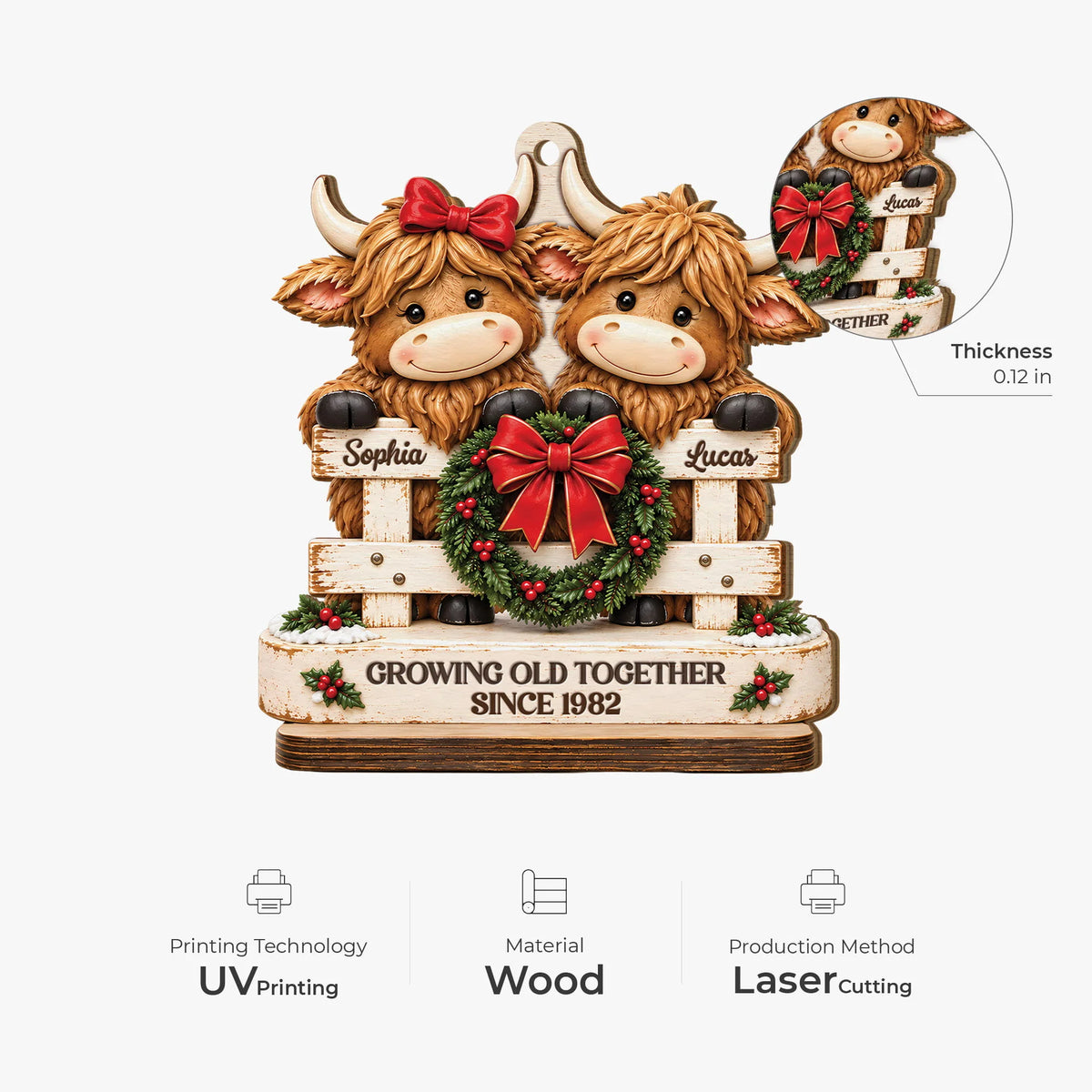 Growing Old Together Highland Cow Couple Wooden Ornament - Personalized Christmas Keepsake Gift for Couples