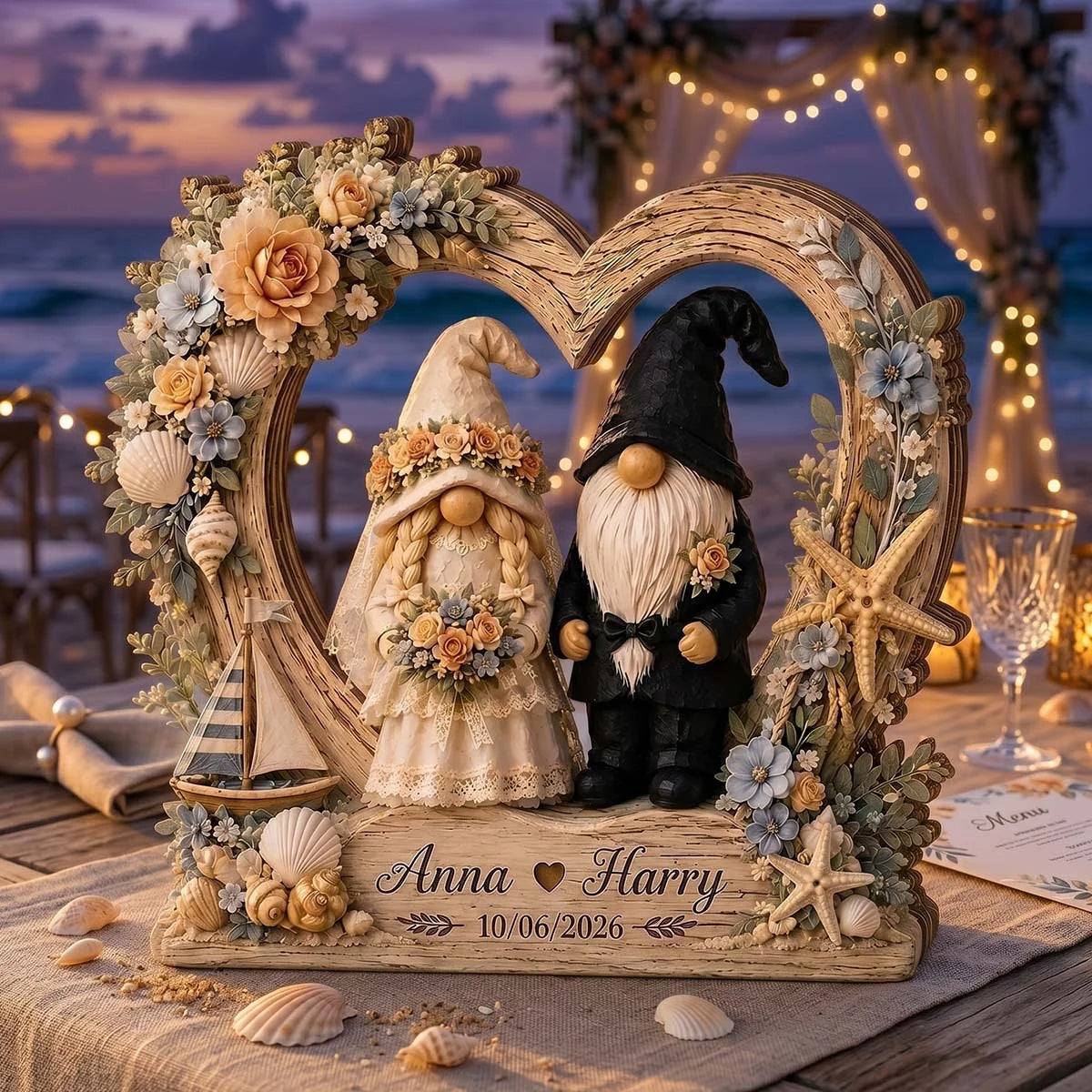 Personalized Coastal Gnome Couple Heart Wooden Block - Custom Beach Wedding & Anniversary Keepsake Gift