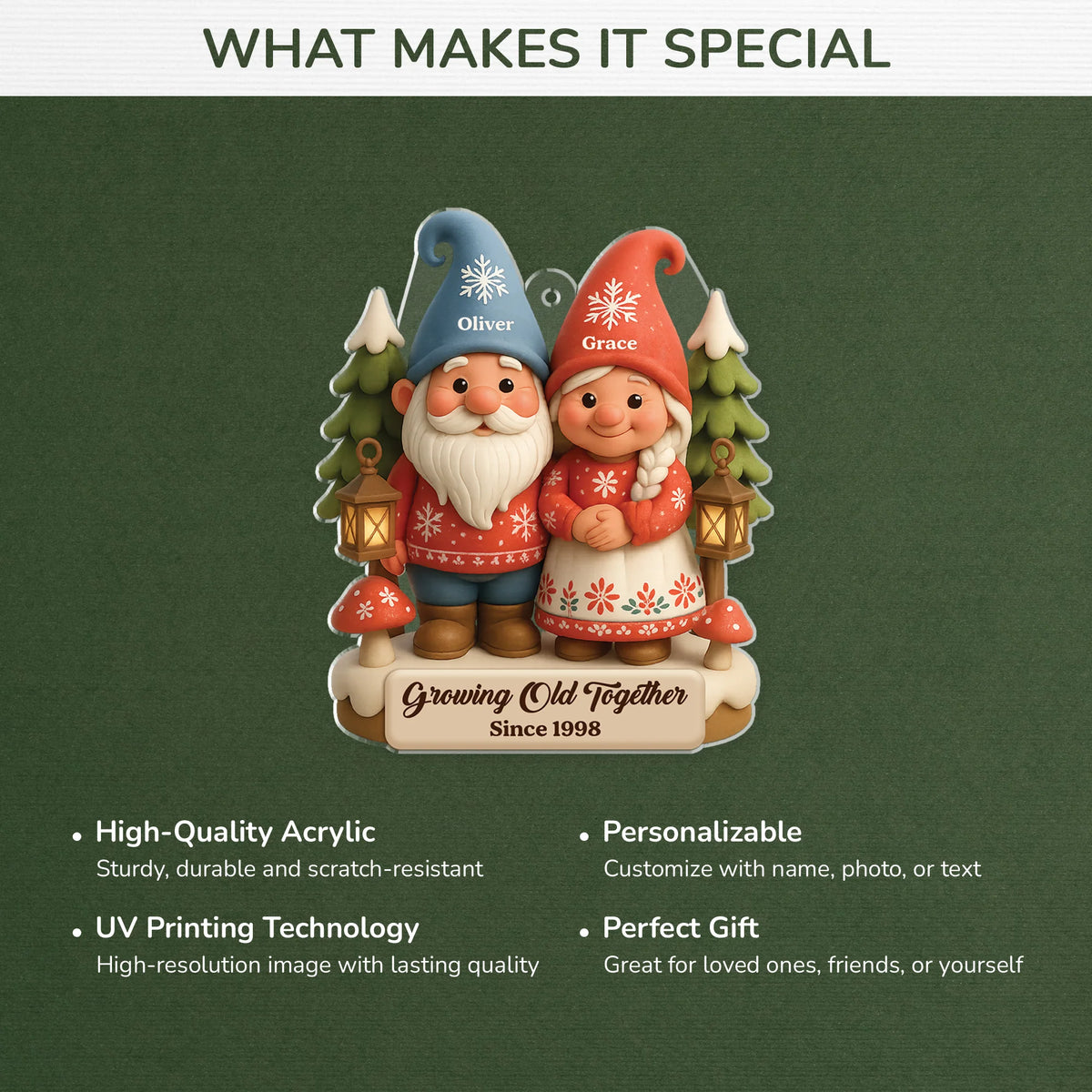 "Growing Old Together" Personalized Gnome Couple Acrylic Ornament - Custom Anniversary Christmas Gift for Couples
