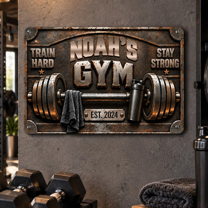 Train Hard Stay Strong Personalized Gym Metal Sign - Custom Home Fitness Wall Decor