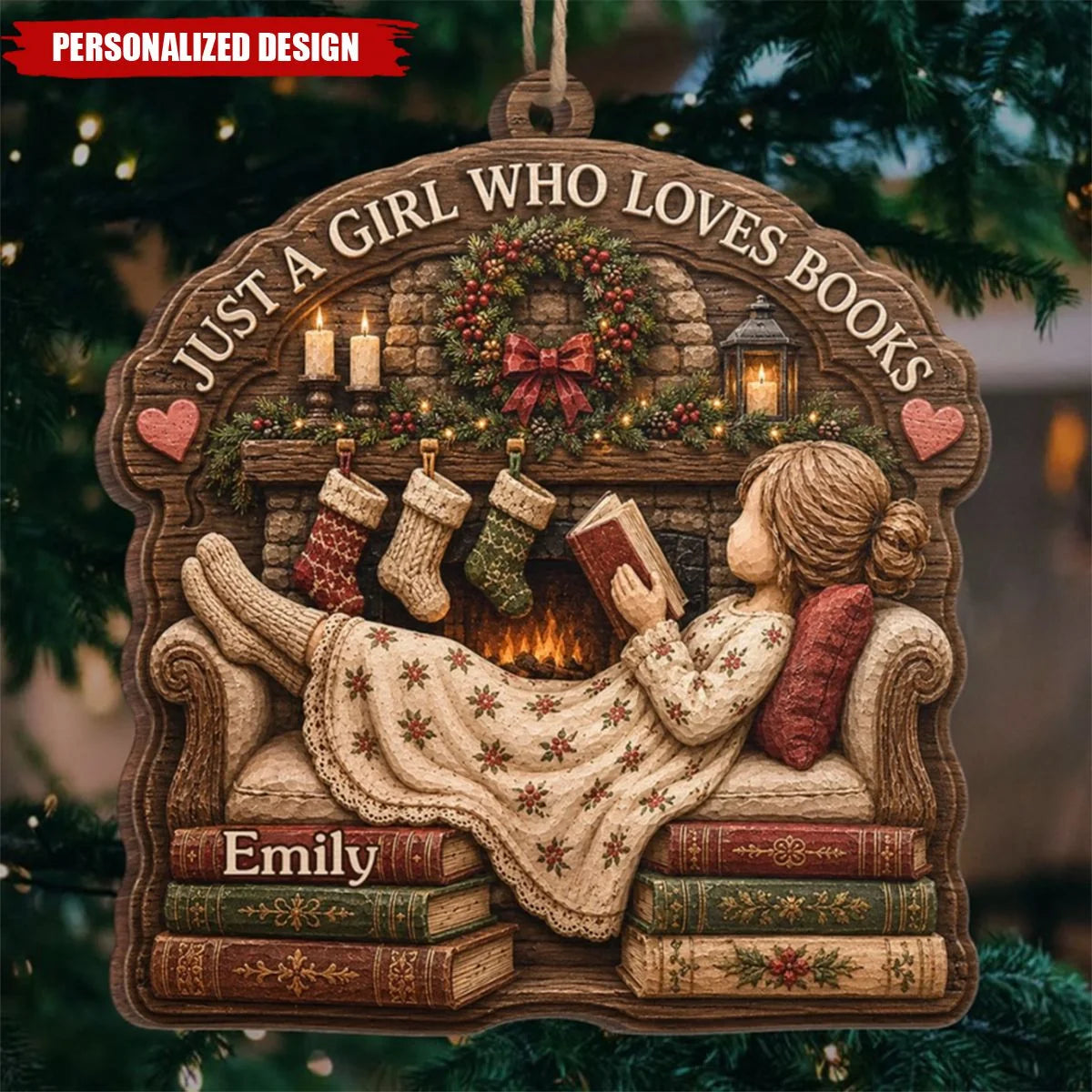 "Just A Girl Who Loves Books" Personalized Wood Ornament - Custom Bookish Gift For Readers