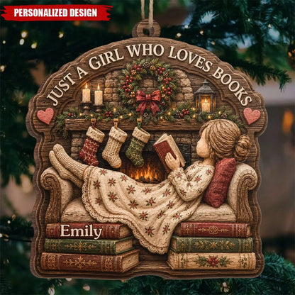 "Just A Girl Who Loves Books" Personalized Wood Ornament - Custom Bookish Gift For Readers