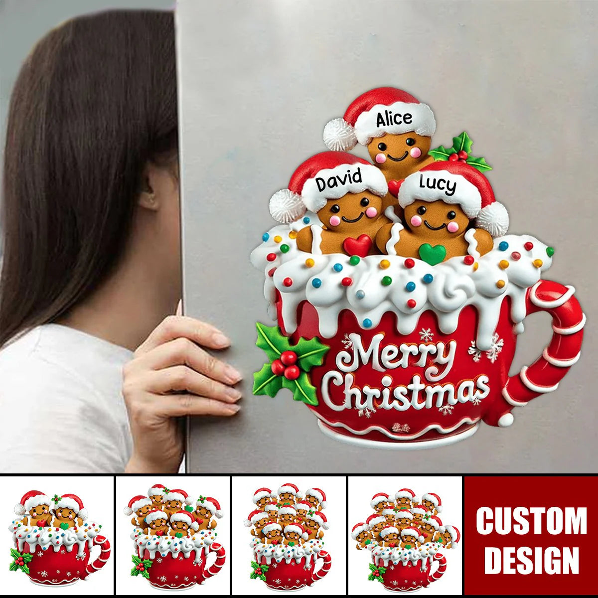 Custom Christmas decal with personalized gingerbread family names on a festive red mug sticker for refrigerator decoration image 6