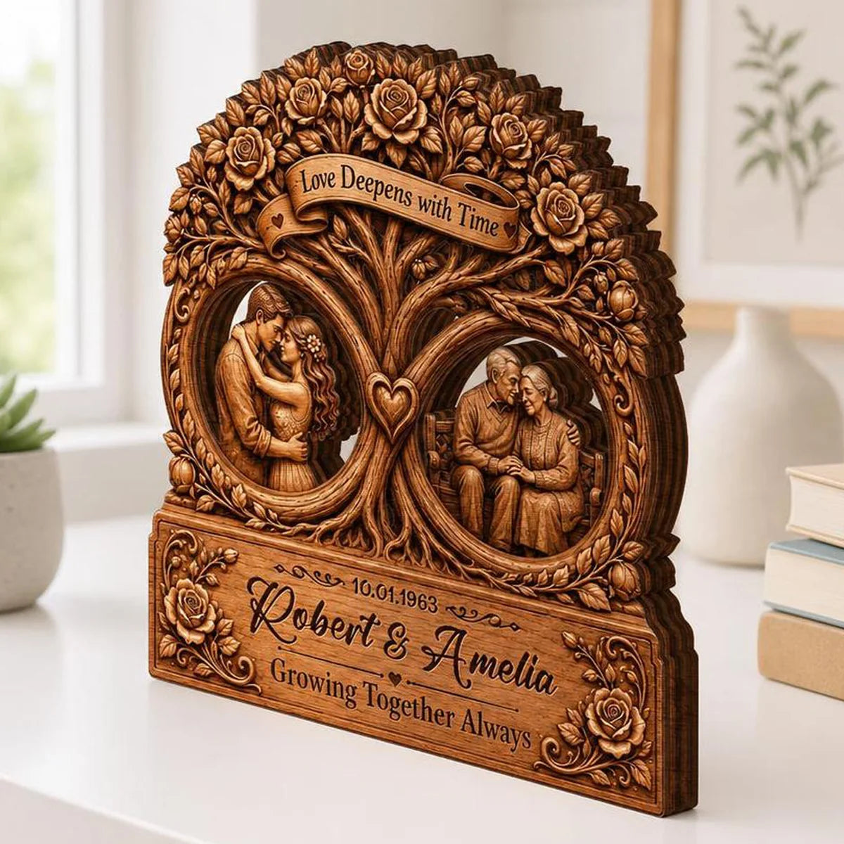 "Love Deepens With Time Tree" Personalized Wooden Block - Custom Anniversary Keepsake Gift for Couples
