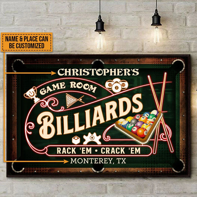 Rack 'Em Crack 'Em Personalized Billiards Game Room Poster / Canvas - Custom Pool Table Sign Wall Art decor for Dad