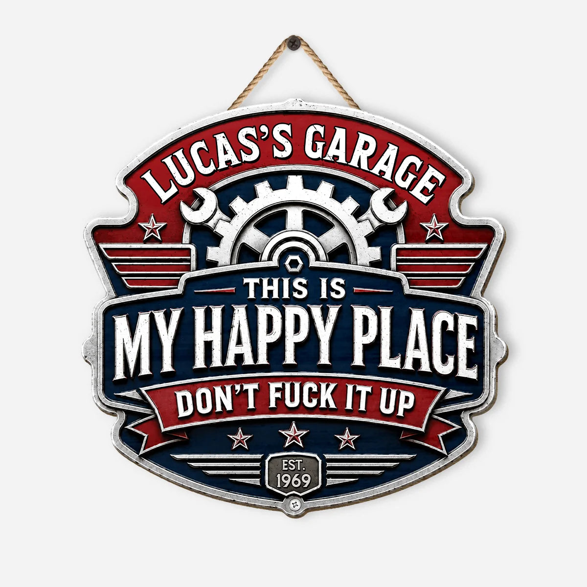 "This Is My Happy Place" Personalized Garage Wood Sign - Custom Gift for Dad