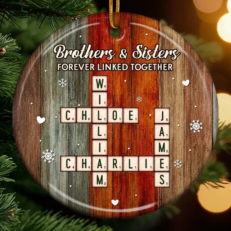 Brothers & Sisters Forever Linked Personalized Ceramic Ornament - Custom Crossword Christmas Gift for Siblings