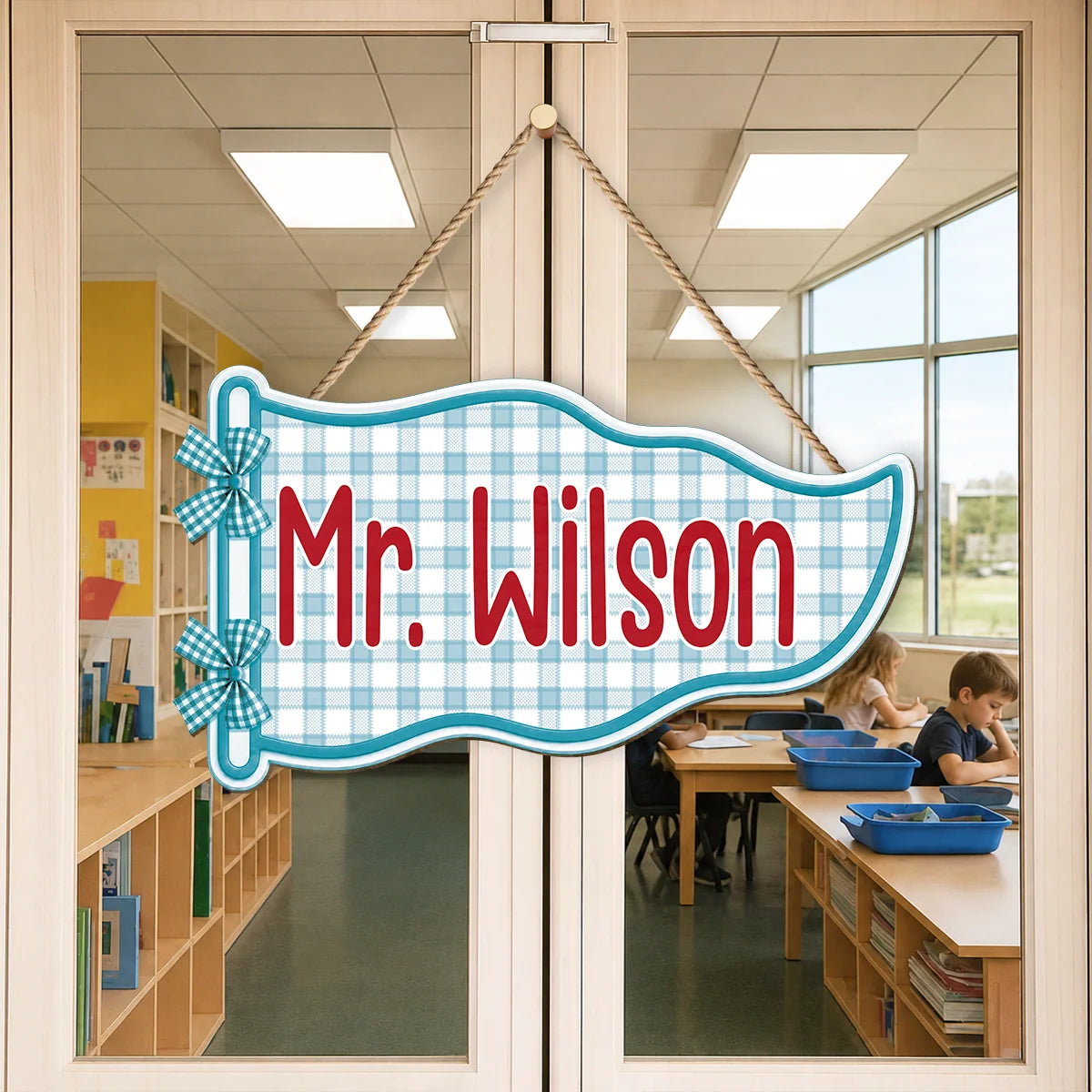 Personalized Teacher Pennant Wood Sign - Custom Classroom Door Hanging Decor Gift