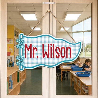 Personalized Teacher Pennant Wood Sign - Custom Classroom Door Hanging Decor Gift