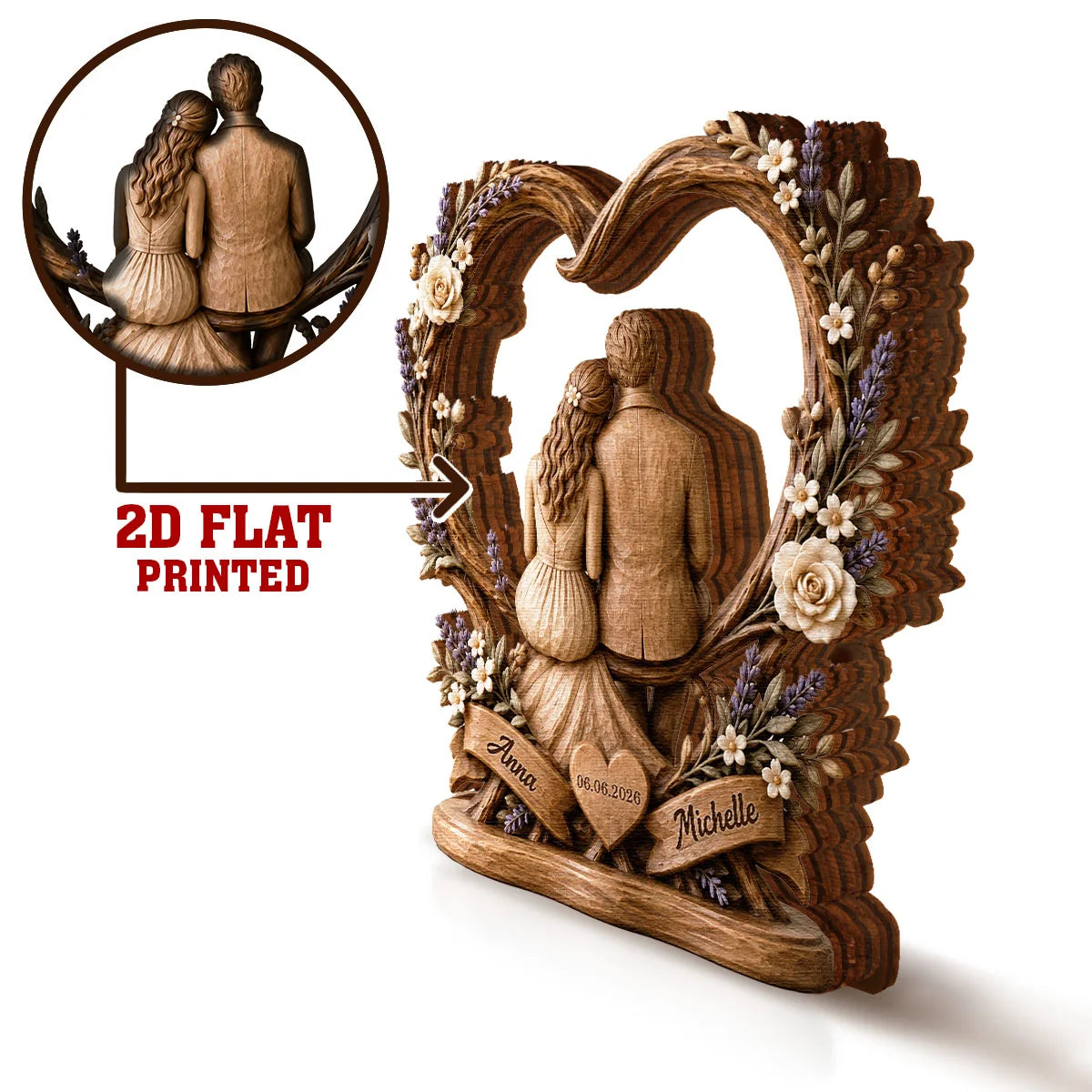 Forever Our Love Floral Heart Personalized Wooden Block - Custom Couples Anniversary Gift